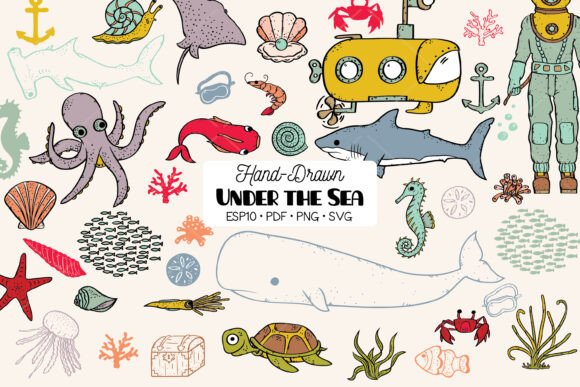 Under the Sea Fish, Octopus, Color Shell Graphics