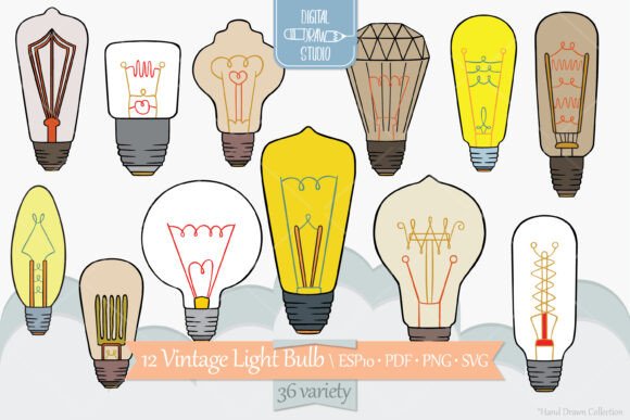 Vintage Light Bulbs, Color Edison Light Graphics